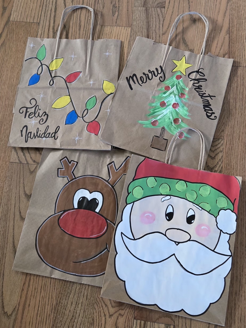 Handpainted Holiday Gift Bags - Santa, Reindeer, Tree & Lights Designs (Set)